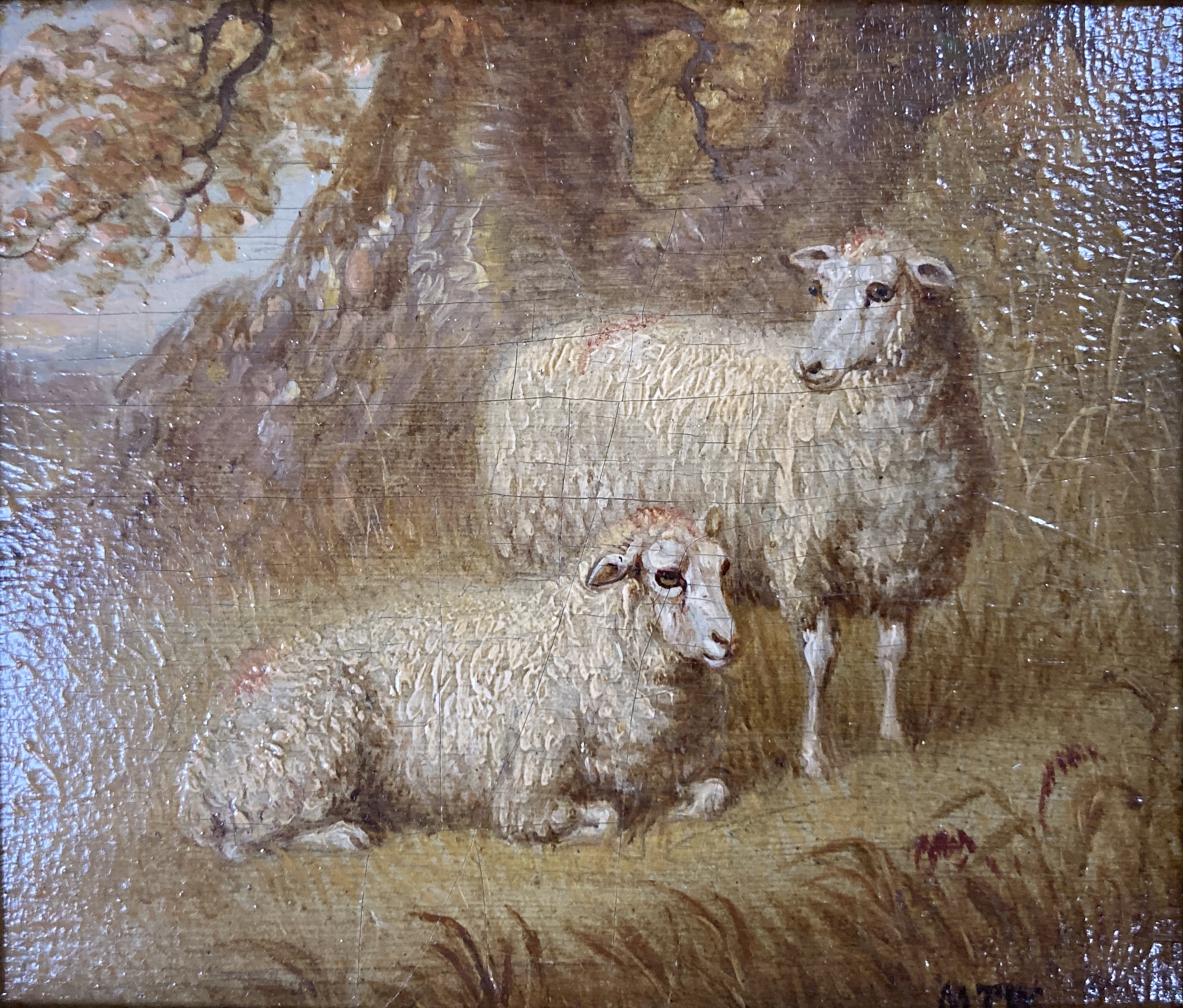 Martin Theodore Ward, pair of oils on panel, Sheep beneath a tree and donkey and calf beside a stable, 8 x 10cm